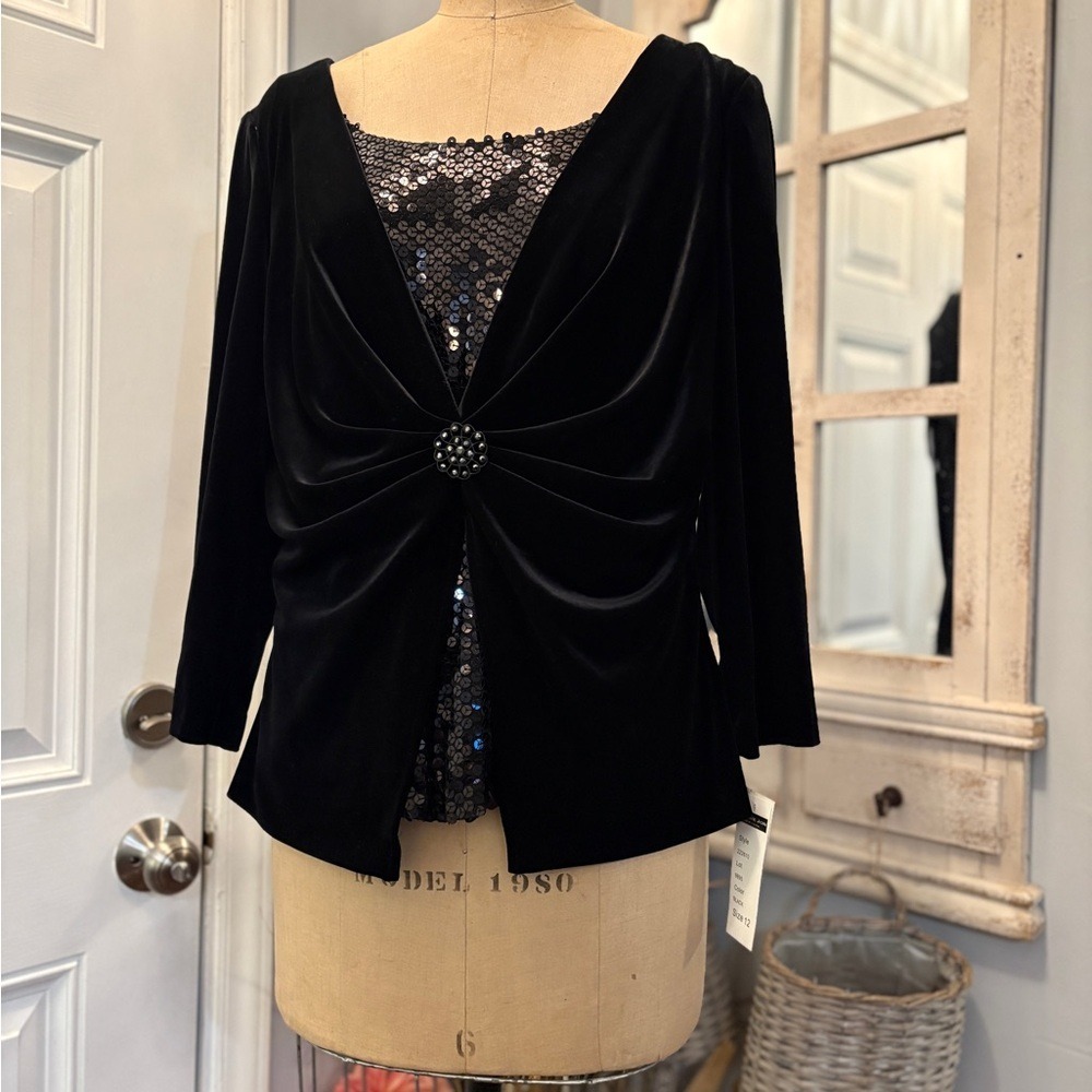 Jackie Jon New York Black Velvet Sequin Evening Top V-Neck 3/4 Sleeve Size 12